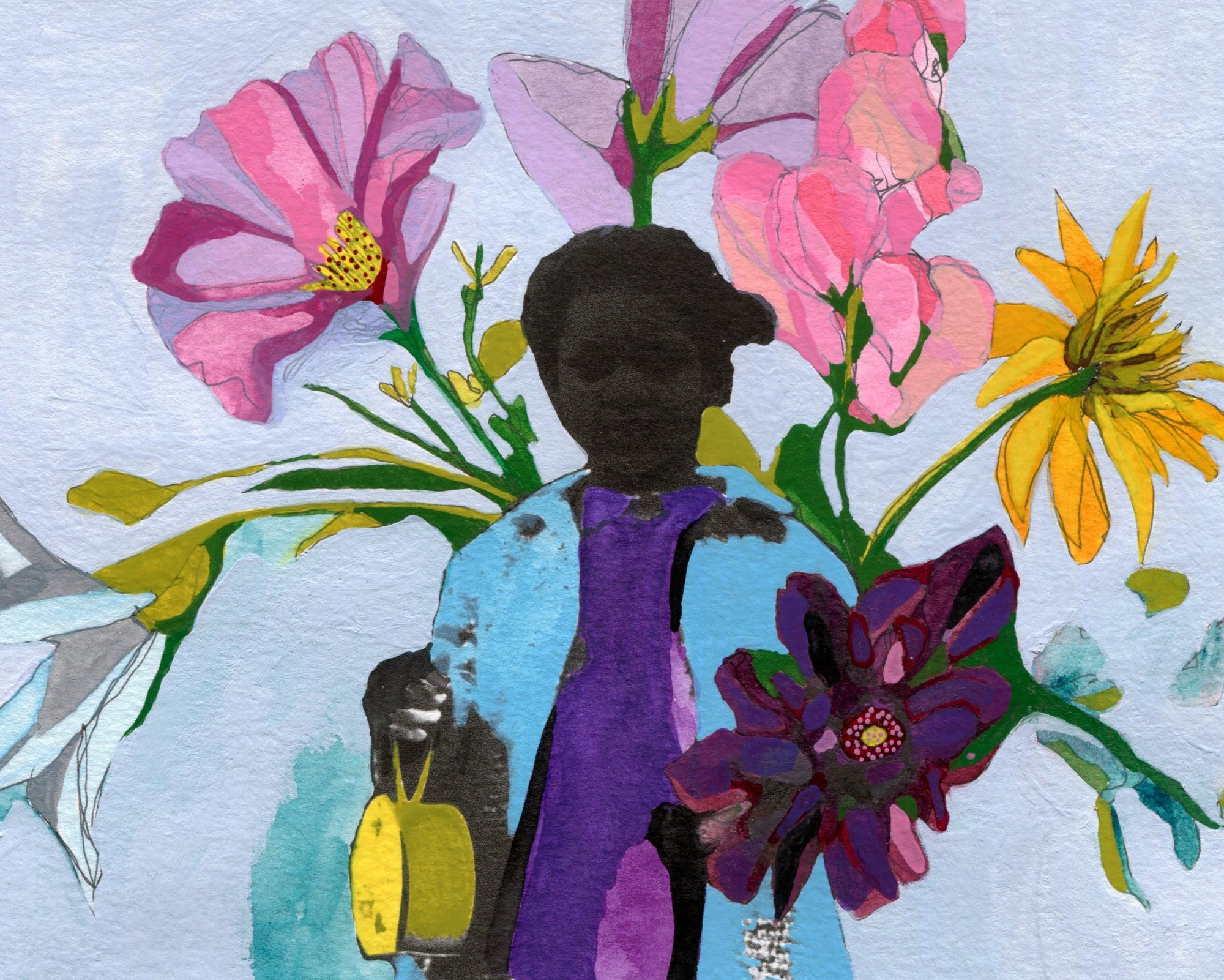 Artistic depiction of a person with a colorful floral and abstract design
